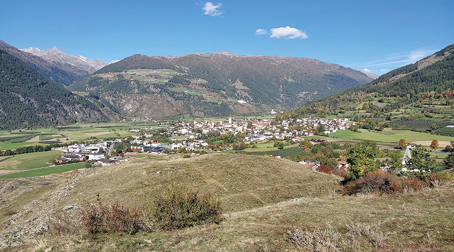 Trockenrasen am Tartscher Bichl mit Ausblick auf Mals, das Kloster Marienberg und die Fürstenburg bei Burgeis
