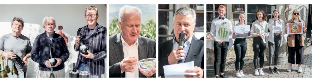 Drei Weine „Asparagus“ von den drei Weinbauern v. l.: Leo Forcher vom Rebhof, Martin Pohl vom Köfelgut, gleichzeitig Spargelbauer, und Heiner Pohl vom Marinushof;  BM Gustav Tappeiner lässt sich die neu kreierte Spargelsauce munden; TV-Präsident Manfred Prantl eröffent die 15. Kastelbeller Spargelzeit;  Schüler:innen der FOS bei der Präsentation des neuen Logos, des neuen Weinetiketts und der neuen Spargelsauce: von IDM erwünschte Qualitätsentwicklungen