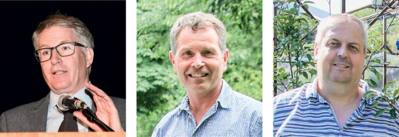 links: Der BB-Direktor Siegfried Rinner spricht sich für die Agriphotovoltaik - in Grenzen - aus. Derzeit ist die Agri-Photovoltaik aus urbanistischen Gründen nicht möglich; mitte: Der neue Geschäftsführer des Dachverbandes für Natur- und Umweltschutz Hanspeter Staffler fordert, wenn schon Agri-Photovoltaik, Ausgleichsmaßnahmen; rechts: Kurt Raffl hat in Naturns ein erprobtes System parat und kombiniert Photovoltaik mit Hagel- und Regenschutz. Damit können auch Pestizide eingespart werden.
