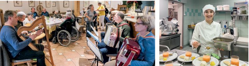 links: Pro Musicante, eine Gruppe von Hobbymusiker:innen unter der Leitung von Gernot  Niederfriniger, spielte bei der Weihnachtsfeier am 28. Dezember im Altersheim Schluderns;  rechts: Elisabeth Ungerer, Maturantin an der Haushaltungsschule Kortsch, überraschte die Senioren beim Mittagessen mit leckeren Fingerfoot-Gerichten. 