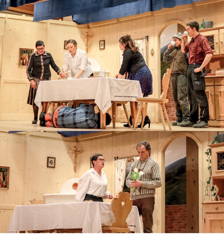 oben v. l. Petra Gunsch, Iris Habicher, Tabea Heinisch, Florin Gunsch und Jonathan Stecher; unterm Tisch: Simon Thanei; links: Petra Gunsch und Hubert Salutt, ein Liebespaar auf der Bühne - ein Ehepaar im wirklichen Leben