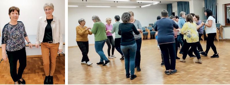 v. l. Die Tanzleiterinnnen Roswitha und Marion und eine Rückmeldung einer Kursteilnehmerin: „Zuerst war es etwas anstrengend, sich auf die Koordination von Kopf und Füßen zu konzentrieren und im Takt der Musik zu bleiben. Im Laufe des Kurses entwickelt sich eine Leichtigkeit, Freude, Spaß und Gelassenheit. Diese positiven Gefühle nehme ich in den privaten und beruflichen Alltag mit.“