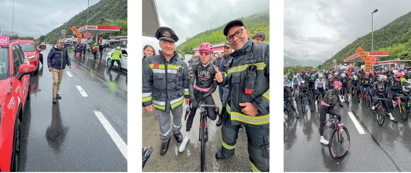 Direttore Giro d‘Italia: Mauro Vegni; Mitte: Foto mit dem Champion Hugo Trenkwalder und Florian Peer; rechts: Aufstellung kurz vor dem Start - im Vordergrund mit rosa Helm Tadej Pogacar