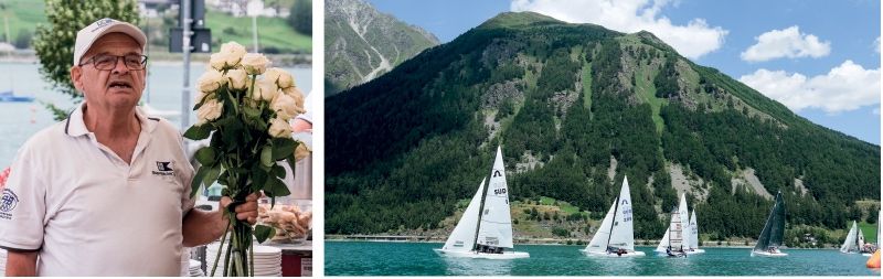 links: der Präsident mit den „gefischten Rosen“, die er Theiner Rita Ww.Oberhofer überreichen wird; rechts: Das Boot SÜD 1 von Peter mit Rita Wwe. Oberhofer, Pius Letter, Didi Punter und Heini Patscheider allen voraus