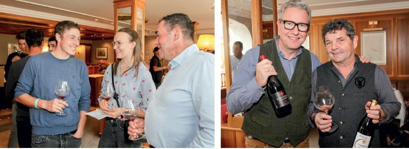 links: Gute Stimmung unter Weinliebhabern und Winzer:innen im Hotel Sand in Tschars bei der 2. Blauburgunder Weinkost rechts: Heiner Pohl und Leo Forcher präsentieren ihren Pinot Noir