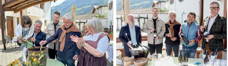 Den traditionellen Spargelanstich übernahm heuer die Tochter von Sandra Gstirner,s Lina mit v. l.: Manfred Prantl, Max und Martin Pohl und Oma Christine Gstirner; die Weinbauern v. l.: Thomas Plack, Max und Martin Pohl, Leo Forcher und Heiner Pohl