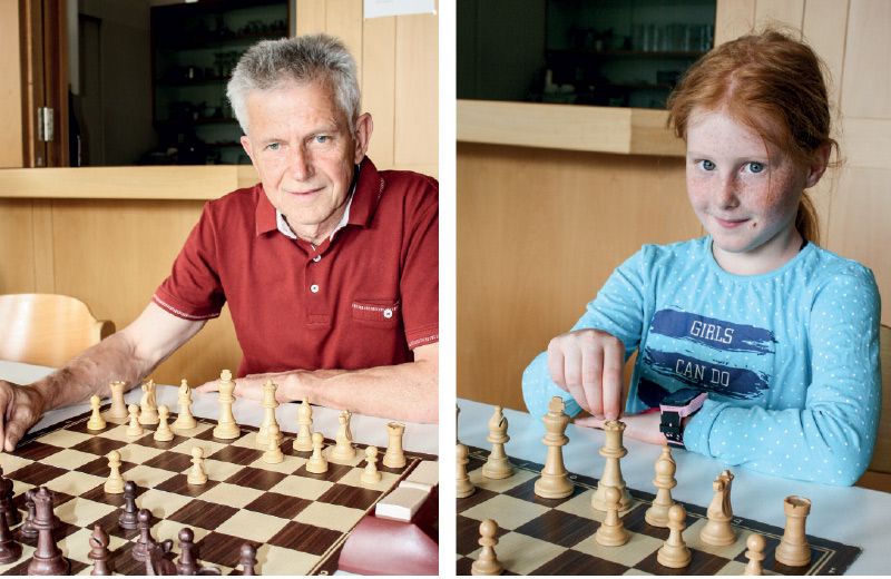 links: Reinhold Schöpf, seit Jahren Präsident des Schachvereins Lichtenberg; rechts: die 8-jährige Sophie Pinggera ist eine der drei Qualifizierten für die Italienmeisterschaft im Juli 2022 in Sizilien