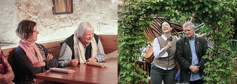v. l.: Walli Menghin (Sekretariat alphabeta) und Ulrike Kindl; die Direktorin des Tourismusvereines Partschins Karin Thaler mit Matthias Schönweger