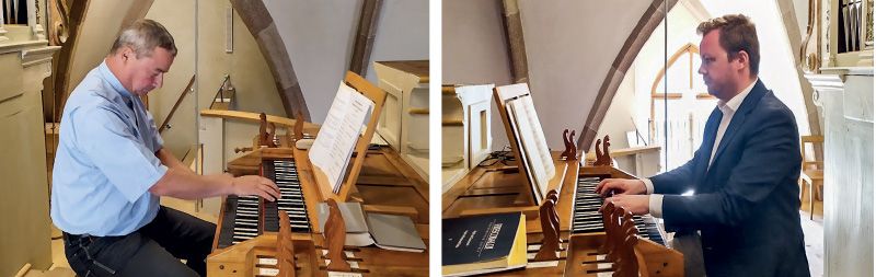 links: Mario Pinggera beim Konzert; rechts: Marian Polin begleitete den Gottesdienst. Er hatte am Vortag in Brixen als erster Südtiroler den internationalen Daniel-Herz-Orgelwettbewerb gewonnen.