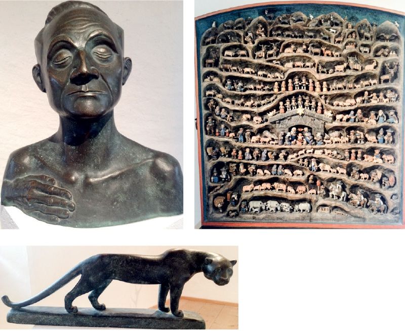 v.l.: Selbstbildnis-Bronze 2004;  Weihnachtskrippe-1994;  Panther-Bronze 1958