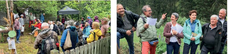links: Das Autorinnenduo Kathrin Gschleier und Marzia Poli stellt den Kulturführer „Unterwegs in Stilfs“ vor; rechts: Projektkoordinator Roland Angerer bedankt sich bei allen Beteiligten für die gute Zusammenarbeit