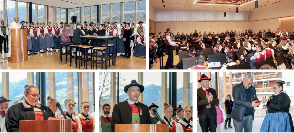 oben: Dekan Matthew segnete den neuen Musitempel, im neuen Probenraum gab die Kortscher Musi ein paar Musikstücke zum Besten, unten v. l. Obfrau Elisabeth Pilser und Georg Gemassmer