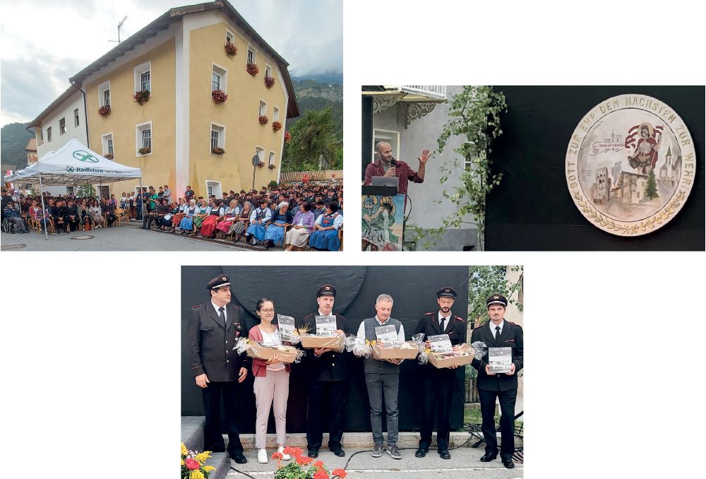 oben: Thomas Biedermann erklärt sein Gemälde;  unten: v. l. Michael Telser, Theodora Kuntner, Anton Kainz, Markus Marth, Fabian Gartner und Florian Kuppelwieser; Dankesübergabe an das Redaktionsteam der Dorf- und Feuerwehrchronik links: Die Freiwillige Feuerwehr freute sich über die zahlreiche Gäste