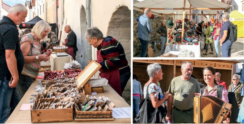 links: Großer Andrang beim Herbstmarkt in Glurns rechts: Gute Stimmung beim Rosenkranzmarkt in Schluderns 
