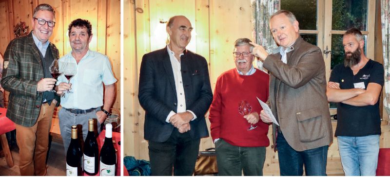 links: Heiner Pohl und Leo Forcher bei der Eröffnung der Blauburgunder Weinkost PINOT RAETIA;  oben rechts: Helmuth Köcher, Helmuth Scartezzini, Manfred Pinzger und Matthias Bernhart