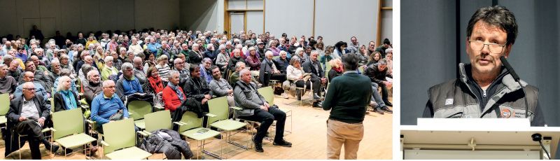 Volles Haus im CulturForum Latsch, als am 3. Februar 10 neue Filme vorgestellt wurden. Moderiert wurde die Veranstaltung von Robert Bernardi. Für die musikalische Umrahmung sorgte die Musikgruppe ZeitLous. Rechts: Leo Lanthaler, der Obmann vom Amateurfilmer Verein Vinschgau