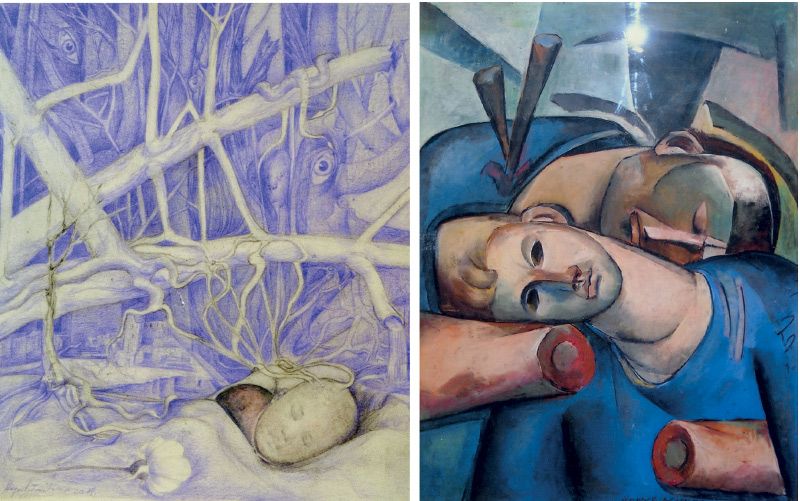 links: Zeichnung „Windwurf“   (Archiv Permann)   rechts: Abschied  (Archiv Permann)