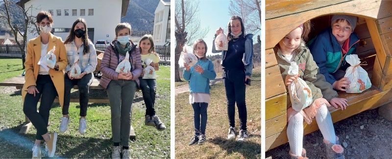 v.l.: Angelika, Eva, Martha und Tina, Alina und Marie, Lara und Lukas haben das Säckchen mit dem selbstgebackenen Osterfochaz von Mike Kofler gefunden