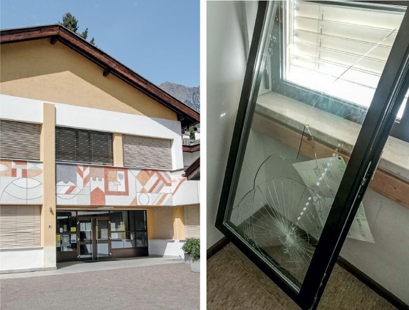 In der Mittelschule „Peter Mitterhofer“ in Partschins ist ein Fenster aus den Angeln geraten und einem Schüler auf den Kopf gefallen.