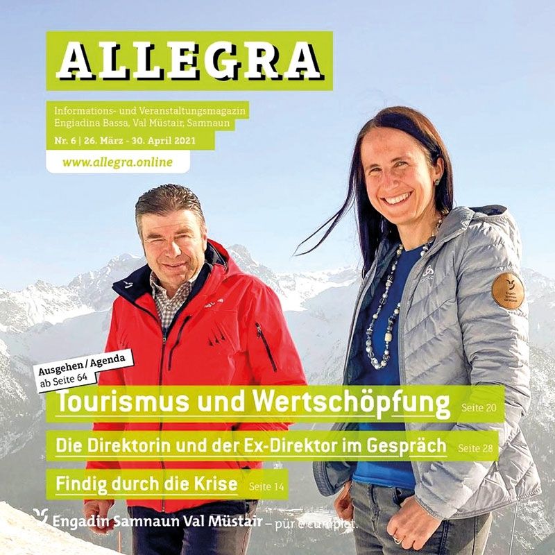Allegra ist der Gruß im Engadin. Allegra ist auch das Informations- und Veranstaltungsmagazin der Region. (siehe: www.allegra.online). Die Kulturelemente beschäftigen sich in der letzten Ausgabe mit der Kultur unserer Engadiner Nachbarn (siehe: www.kulturelemente.org) 