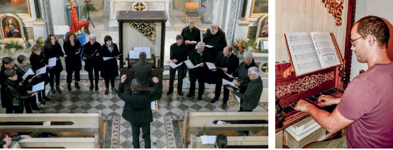 Die Marienberger Chöre singen „Terribilis est locus iste“ von Blasius Ammon (1558 – 90) unter der Leitung von Lukas Punter. An der Orgel spielt Marian Polin; rechts: Lukas Punter an der Hausorgel im elterlichen Wohnhaus in Planeil