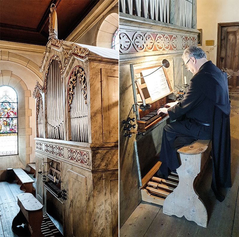 links: Die restaurierte und  neu eingebaute Orgel in Maria Lourdes bei Laas; rechts: Pater Urban Stillhard vom Benediktinerstift Muri Gries in Bozen